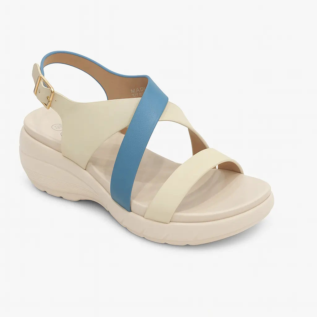 Strappy Comfort Wedge Sandals – Beige & Blue