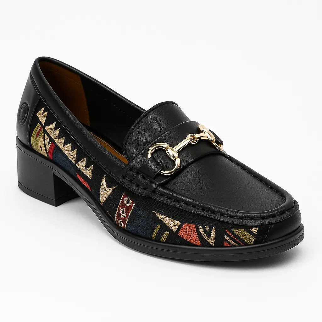 Patterned Block Heel Loafers – Black