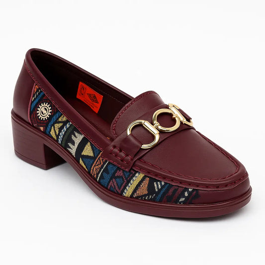 Patterned Block Heel Loafers – Maroon