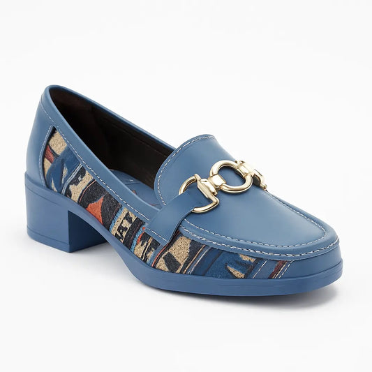 Patterned Block Heel Loafers – Blue