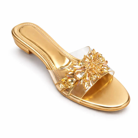 Women Golden Fancy Slippers – Stylish Party Wear Flats