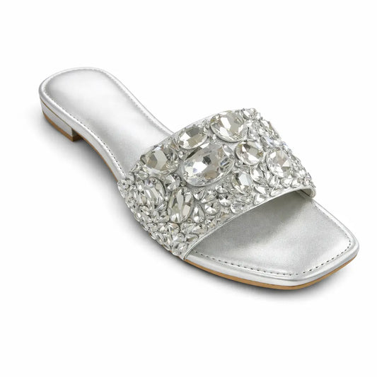 Silver Rhinestone Slide Sandals for Women – Party Wear